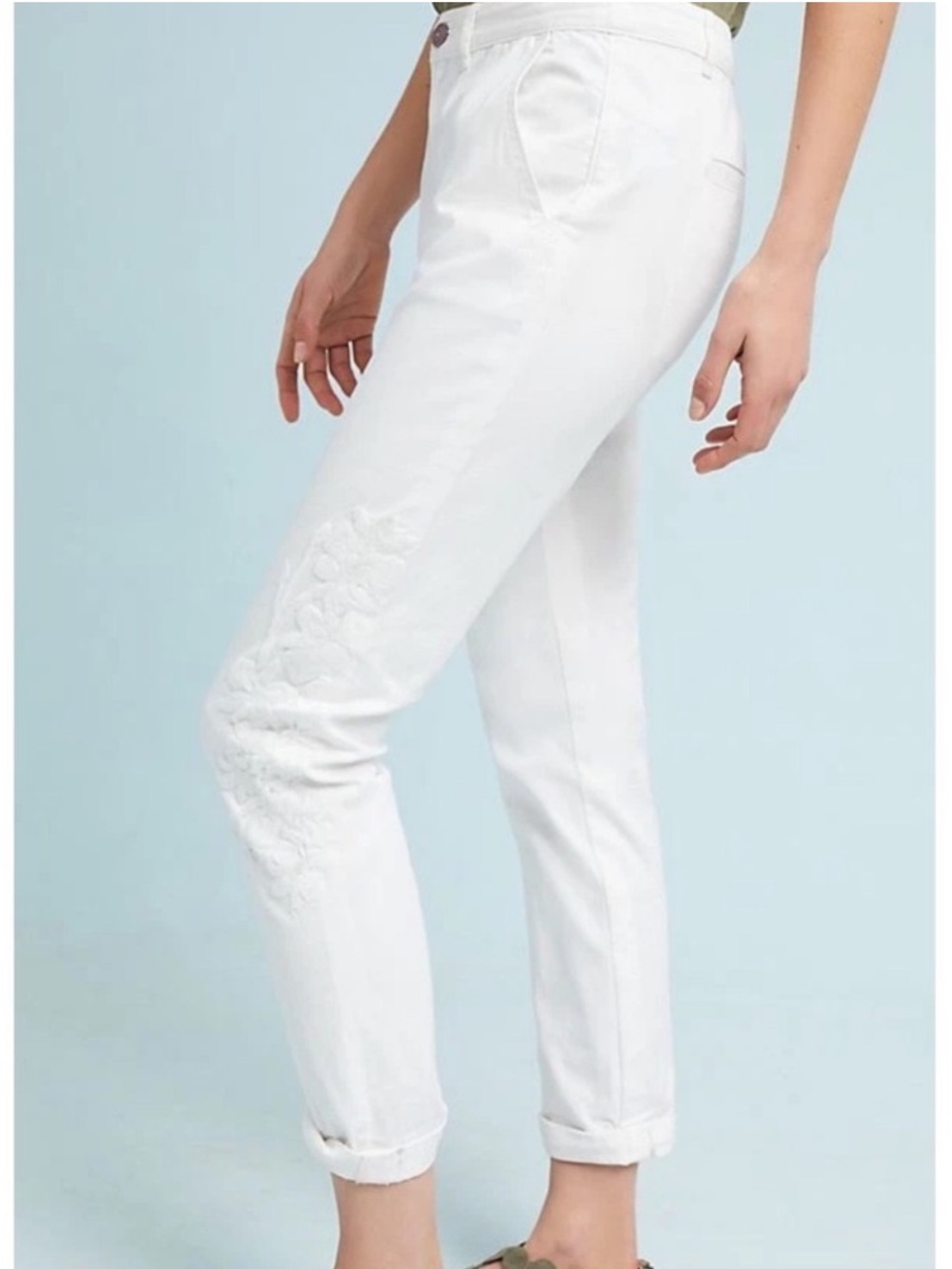 🌷Anthropologie Embroidered Pants Mid-Rise Chino Relaxed Straight Leg New White 🌷